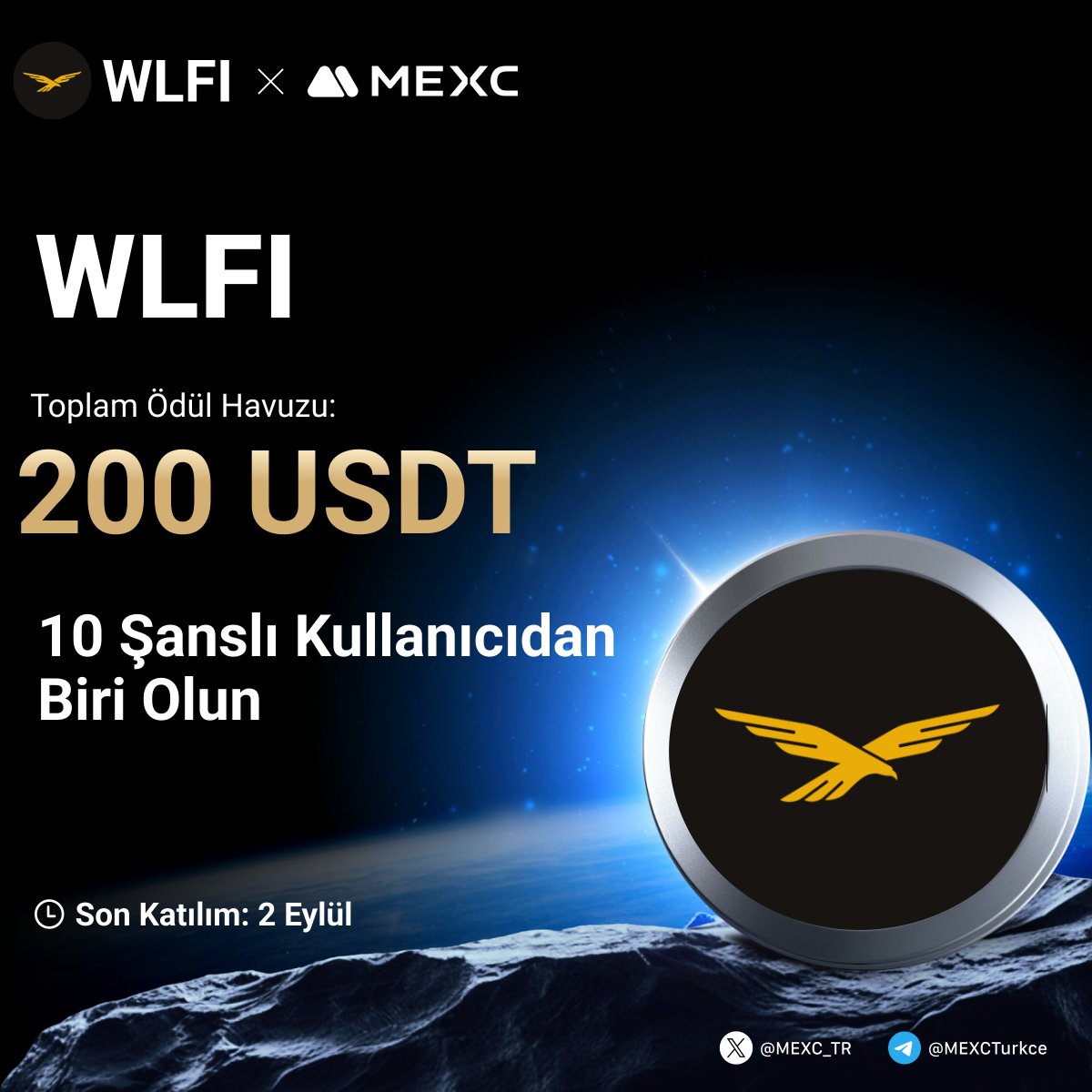🎉 $WLFI'nin #MEXC 'de Listelenmesini Kutluyoruz!

200 $USDT den Payınızı Kazanmak İçin Yapmanız Gerekenler;

🔹Takip Edin: <a href="/MEXC_TR/">MEXC_TR</a>
🔹Formu Doldurun;mexctr.info/420h1zO
🔹Bu gönderiyi beğenin ve RT yapın

⏰Son Katılım Tarihi: 2 Eylül 23:59 (UTC+3)

$WLFI Etkinlik