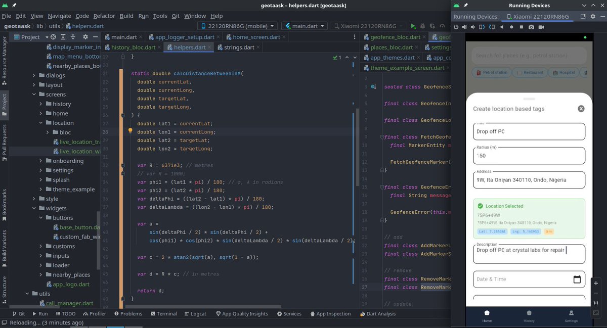 PraiseAfuwape's tweet image. android: you can only monitor 5 geofences 
me: what if i have 6 important places tho
android: tough luck
me: *pulls out calculator and spite*

weeks later: GeoTaask  with unlimited locations 

#Flutter #AndroidDev #MobileDev #GeofencingApp