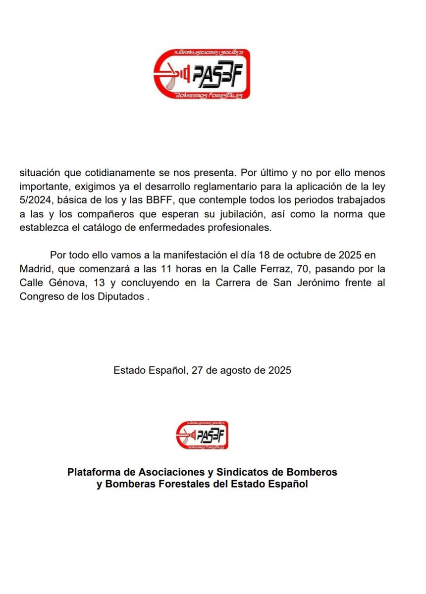 ▶️Comunicado de Prensa:
-Convocamos a todos y todas lxs bomberos y bomberas forestales, a todos los colectivos de emergencia y ciudadanas, a todas las organizaciones sindicales y sociales a la manifestación que se ha convocado para el próximo 18 de octubre de 2025 en Madrid.