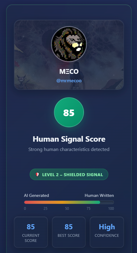 I took the Human Signal Test.

Score: 85/100 - 🛡️ Level 2 – Shielded Signal!
Verification Code: 831350746175

$LUCIA TGE community round eligibility unlocked!

Want to see if you're human or AI slop?

Find out at humansignal.ai

#HumanSignal <a href="/Pindora_HQ/">PINDORA</a>