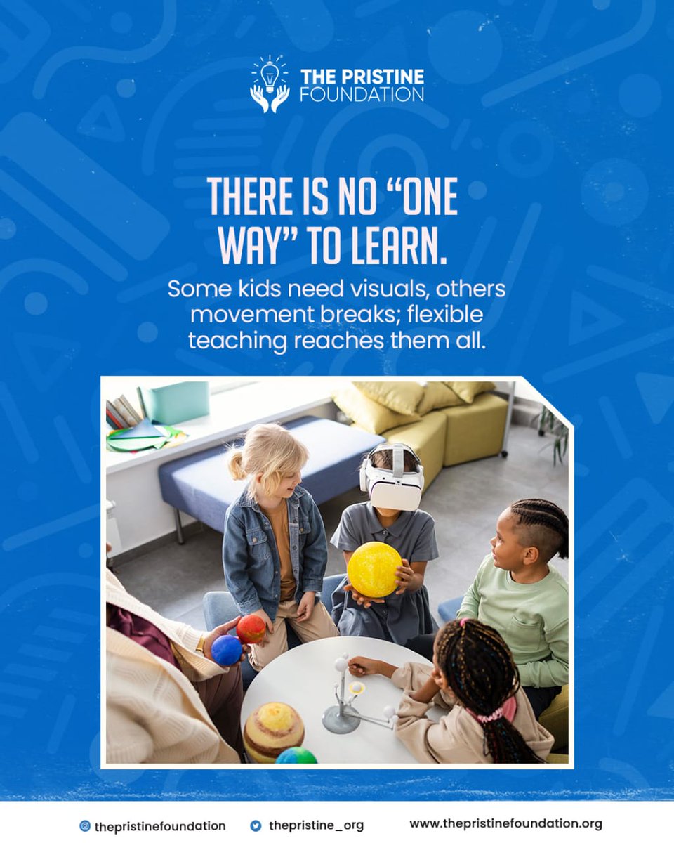 The Pristine Foundation (@thepristine_org) on Twitter photo Every child learns differently  and that’s perfectly okay. Some thrive with visuals, others need hands-on activities or even movement breaks. 
There's no "one-size-fits-all" approach to learning.
#InclusiveEducation #DifferentNotLess #ThePristineFoundation #EducationForAll Every child learns differently  and that’s perfectly okay. Some thrive with visuals, others need hands-on activities or even movement breaks. 
There's no "one-size-fits-all" approach to learning.
#InclusiveEducation #DifferentNotLess #ThePristineFoundation #EducationForAll
