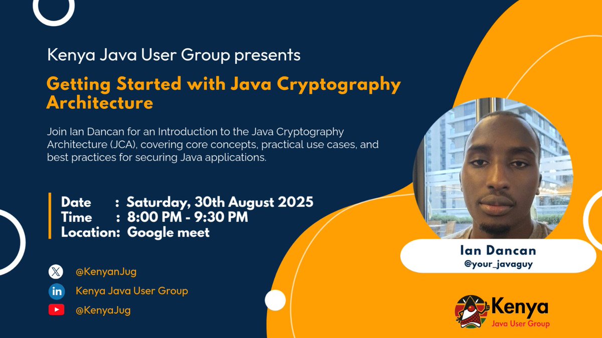 KenyaJug (@kenyanjug) on Twitter photo This Saturday at 8PM EAT.
Ian Dancan (<a href="/your_javaguy/">Ian Dancan</a>) is breaking down Java Cryptography Architecture (JCA) – core concepts, real use cases & best practices for securing your Java apps.
📍 Google Meet
👉 Register: luma.com/xmmm0xyy
#Java #KenyaJUG This Saturday at 8PM EAT.
Ian Dancan (<a href="/your_javaguy/">Ian Dancan</a>) is breaking down Java Cryptography Architecture (JCA) – core concepts, real use cases & best practices for securing your Java apps.
📍 Google Meet
👉 Register: luma.com/xmmm0xyy
#Java #KenyaJUG