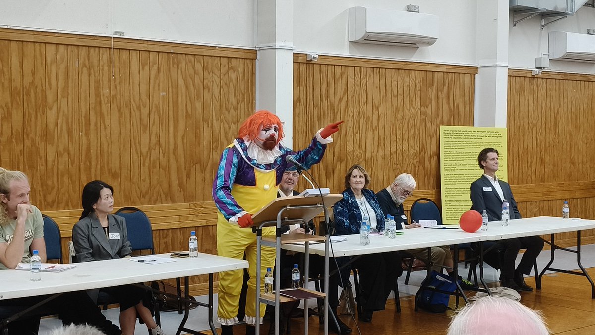 Wellington mayoral candidate Pennywize the Rewilding Clown says he will abolish the Johnsonville mall and replace it with rata trees.