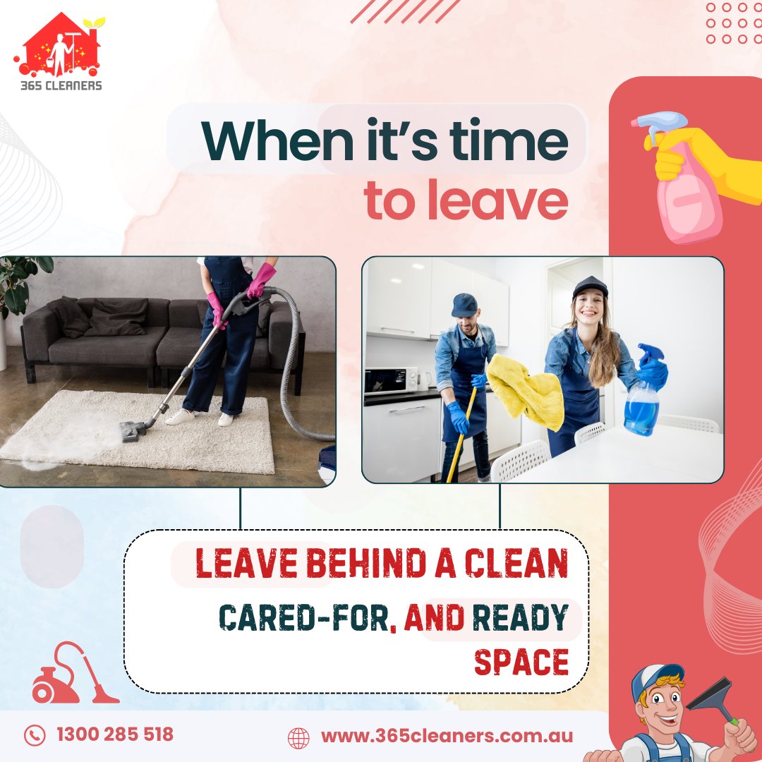 When the time comes to leave, ensure your space shines. 

Clean, cared-for, and ready—because every fresh start deserves a spotless goodbye that’s truly hassle-free.

📞1300 285 518
🌐 365cleaners.com.au/moving-in-and-…

#365Cleaners #MoveOutClean #MovingMadeEasy #StressFreeMove #australia