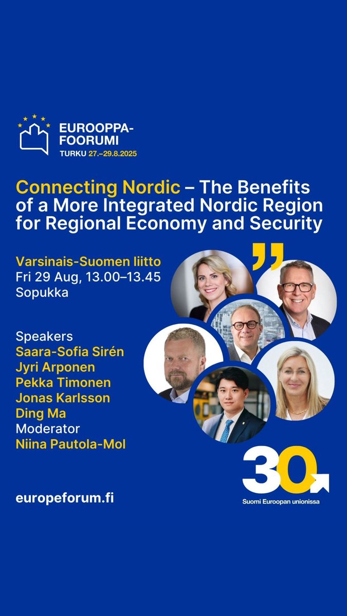 Turun Eurooppa-foorumi on käynnistymässä. 🇪🇺Kolmeen päivään mahtuu mielenkiintoista asiaa. Perjantaina <a href="/VSliitto/">V-S liitto</a> <a href="/Uudenmaanliitto/">Uudenmaan liitto</a> <a href="/PHliitto/">Päijät-Hämeen liitto</a> <a href="/EtelKarjalanlii/">Etelä-Karjalan liitto</a> ja Kymenlaakson liitolla keskustelu Pohjolan integraatiosta. Tilaisuuden kieli on eng.