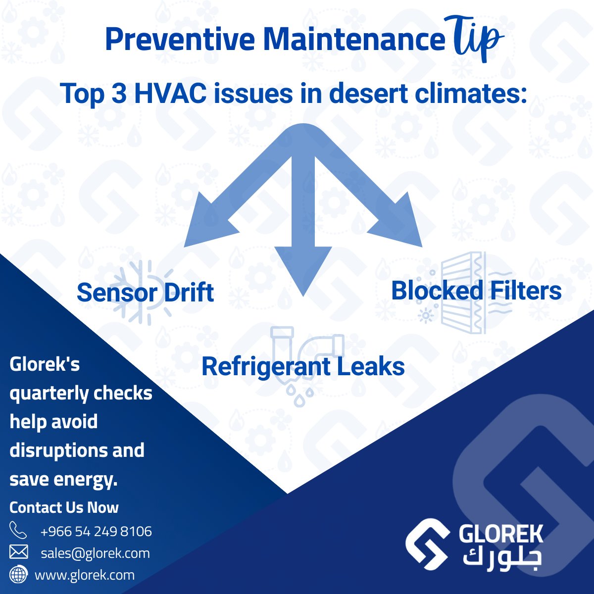 Preventive Maintenance Tip from Glorek

👷‍♂️ Technician: “In desert climates, the top 3 HVAC issues we keep seeing are blocked filters, refrigerant leaks, and sensor drift.”

👨‍💼 Client: “And these cause energy loss and downtime?”

👷‍♂️ Technician: “Exactly. But with quarterly