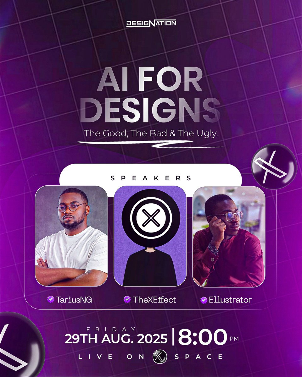 AzGraphixx's tweet image. Dive into the world of AI in design with insights, discussions, and more! Don’t miss out see you there! ￼
Happening this Friday 🥳👌 
#AIfordesigns #DesignNation #XSpace