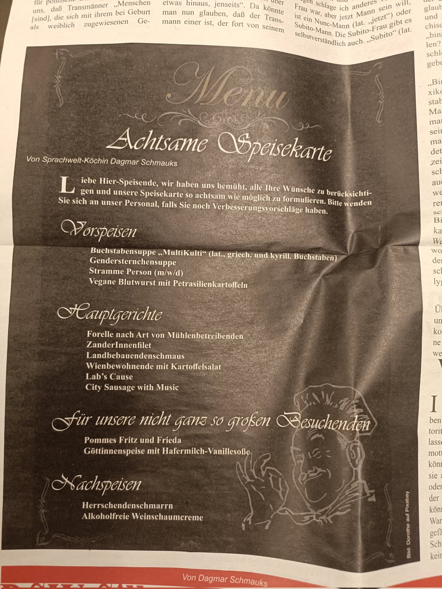 MeffSteff's tweet photo. Gedenderte Speisekarte 🤭 aus der Zeitschrift Deutsche Sprachwelt https://t.co/wg5VMTLe3A
