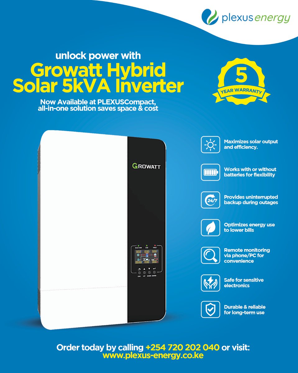 PlexusEnergy's tweet photo. It's time to enjoy an all-in-one Solution power saving inverter!! Unlock Power with GroWatt Hybrid Solar 5kVA.
Call 0720 202 040 today and get a discount.
#PlexusEnergy #SolarMadePossible #RenewableEnergy #GreenFuture #KenyaSolar #CleanEnergy https://t.co/oeZbl6V8HT