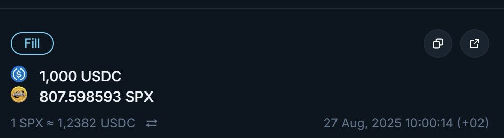 Day 1 - Daily DCA into SPX6900 💹🧲

I just launched my first automated daily DCA ever to match <a href="/maddox00000/">maddox 💹🧲</a> &amp; <a href="/Matthew_C_Beck/">Maττ Beck 💹🧲</a> 

Persist forever 🪽