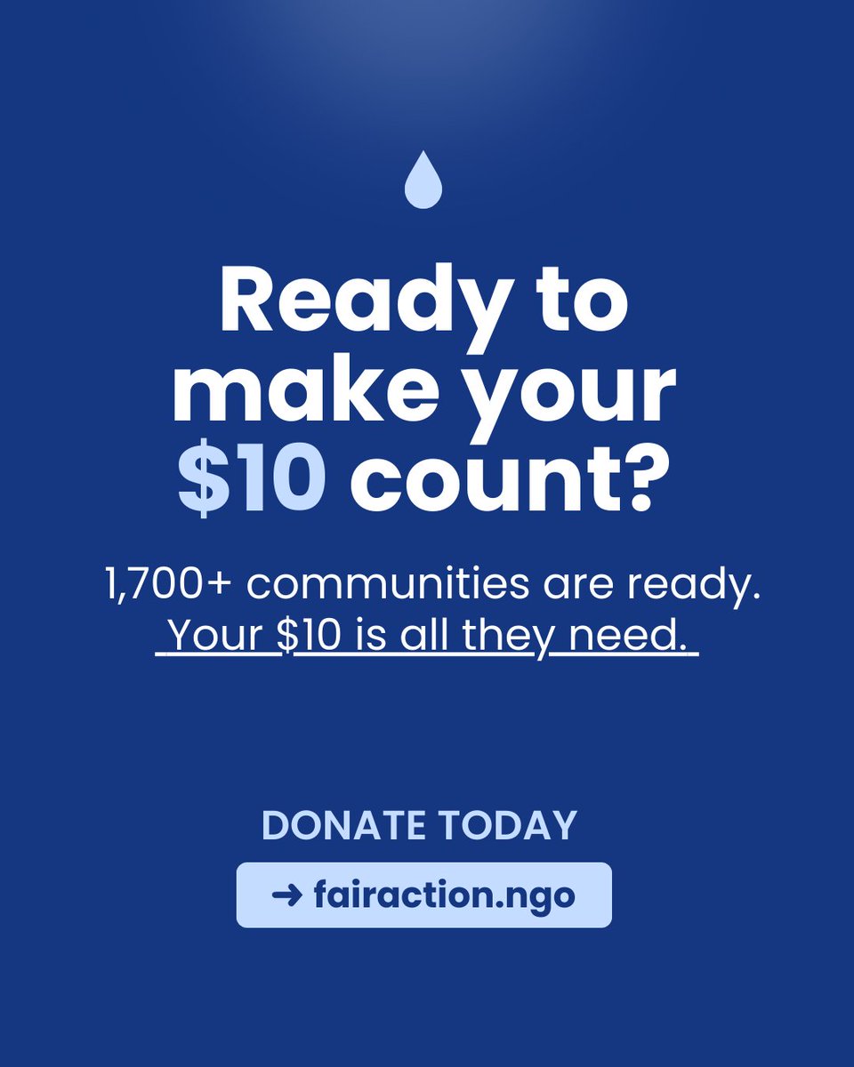 $10. Such a small amount in our world today, but it's the 𝘦𝘹𝘢𝘤𝘵 𝘢𝘮𝘰𝘶𝘯𝘵 that helps bring sustainable water to communities in need.

Your $10 donation helps a community's next step toward a completely different future: fairaction.ngo/donate-now

#FairAction