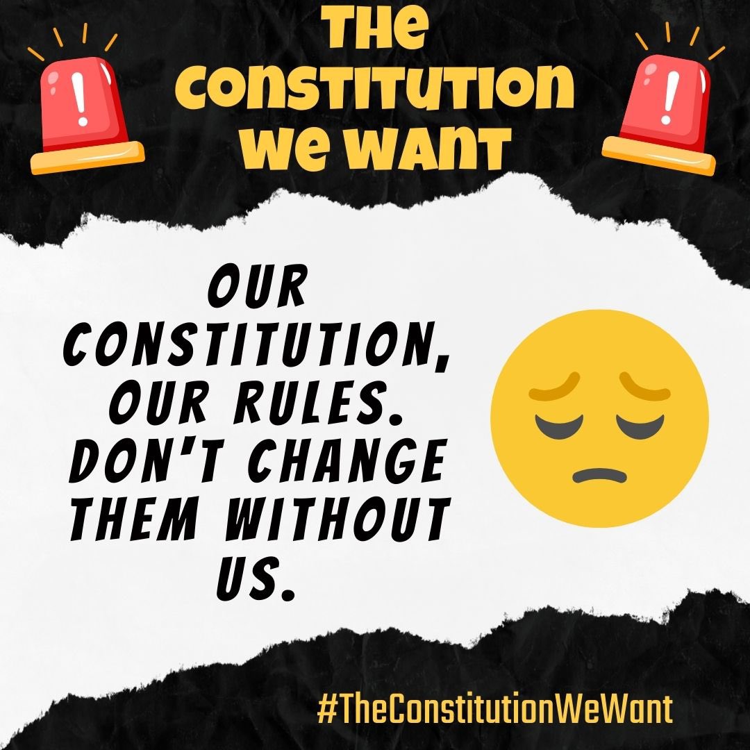 One Zambia ,one Nation  all our values and views are what make this country our home. Why do a certain group of privileged individuals want to change our constitution to benefit individual interests? PLEASE DO NOT CHANGE OUR CONSTITUTION WITHOUT US.

#TheConstitutionWeWant.