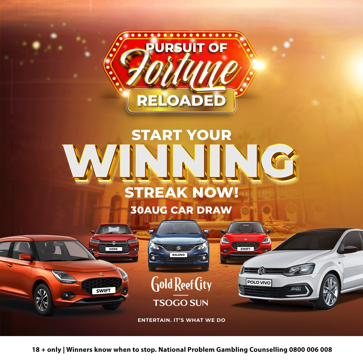 18+ | Fortune’s in the driver’s seat, are you in?
Play with your Rewards Card to earn entries into the Pursuit of Fortune Reloaded CAR DRAW! 🚗💨
This Saturday, 30 August, one lucky player will drive off in a brand-new ride. Will it be you?🎉
Start your winning streak today.