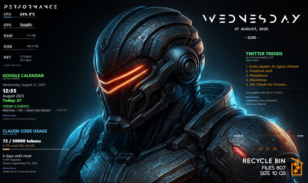 merlinvicki's tweet image. Following up on my desktop experiments: I set up two new widgets - one tracks Claude Code usage (tokens, API calls, reset timers) and another streams Twitter(X) trends every 2 hrs. Turning my desktop into a productivity cockpit 🚀

#Rainmeter #ClaudeCode #TwitterTrends