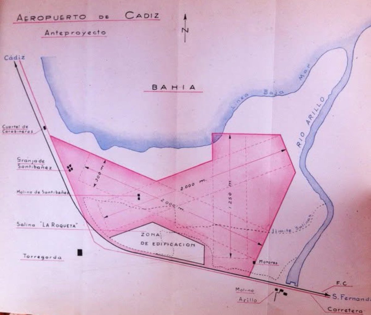 HistoriadeCadiz's tweet image. Año 1948, proyecto  del #Aeropuerto de #Cadiz que se iba a construir entre Torregorda y el rio Arillo con  tres  pistas de aterrizaje, años que fue abandonado por la construcción años más tarde del aeropuerto de la base militar de #Rota