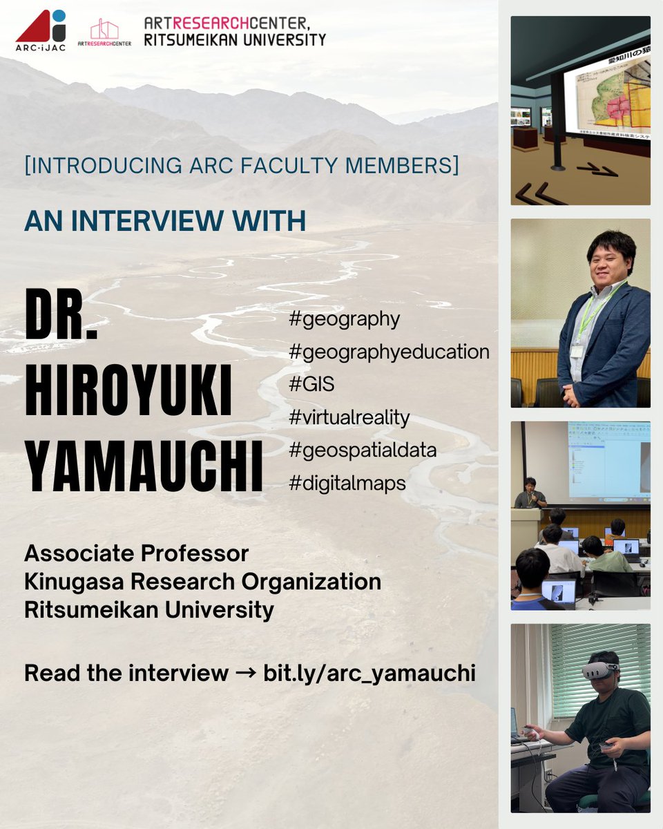 立命館大学アート・リサーチセンター (Art Research Center) (@ritsarc) on Twitter photo Interview release! (English)
Dr. Yamauchi, Associate Professor at Ritsumeikan Univ. & leader of ARC’s Technical Support Board, supports research with digitized maps & geospatial data while exploring GIS + VR/metaverse in geography education. <a href="/hyama_gisc/">h.yamauchi</a>
👉 bit.ly/arc_yamauchi Interview release! (English)
Dr. Yamauchi, Associate Professor at Ritsumeikan Univ. & leader of ARC’s Technical Support Board, supports research with digitized maps & geospatial data while exploring GIS + VR/metaverse in geography education. <a href="/hyama_gisc/">h.yamauchi</a>
👉 bit.ly/arc_yamauchi