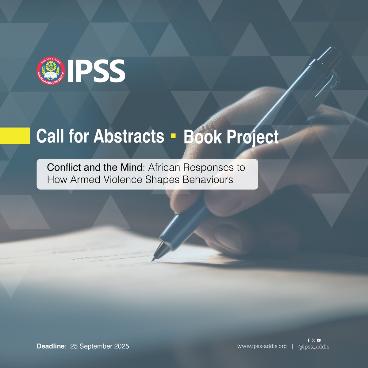 📍Conflict is not an event. It is an environment shaping behaviours, institutions, and societies.

Submit your abstract for Conflict and the Mind: African Responses to How Armed Violence Shapes Behaviours

Deadline: Sept 25, 2025
For more detail 👉 bit.ly/4lLK4OQ