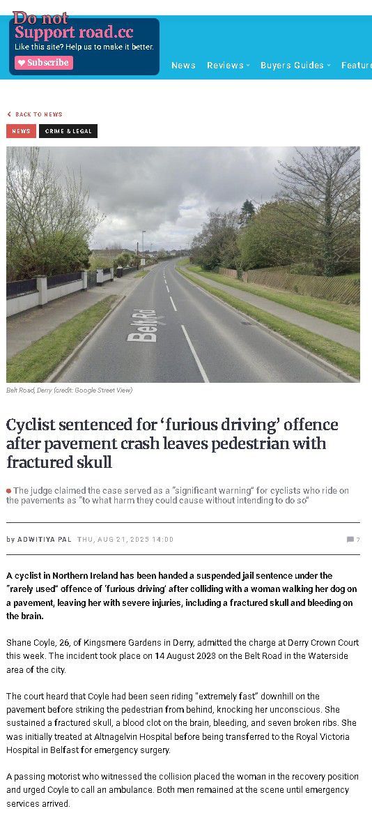 Cyclist sentenced for ‘furious driving’ offence after pavement crash leaves pedestrian with fractured skull