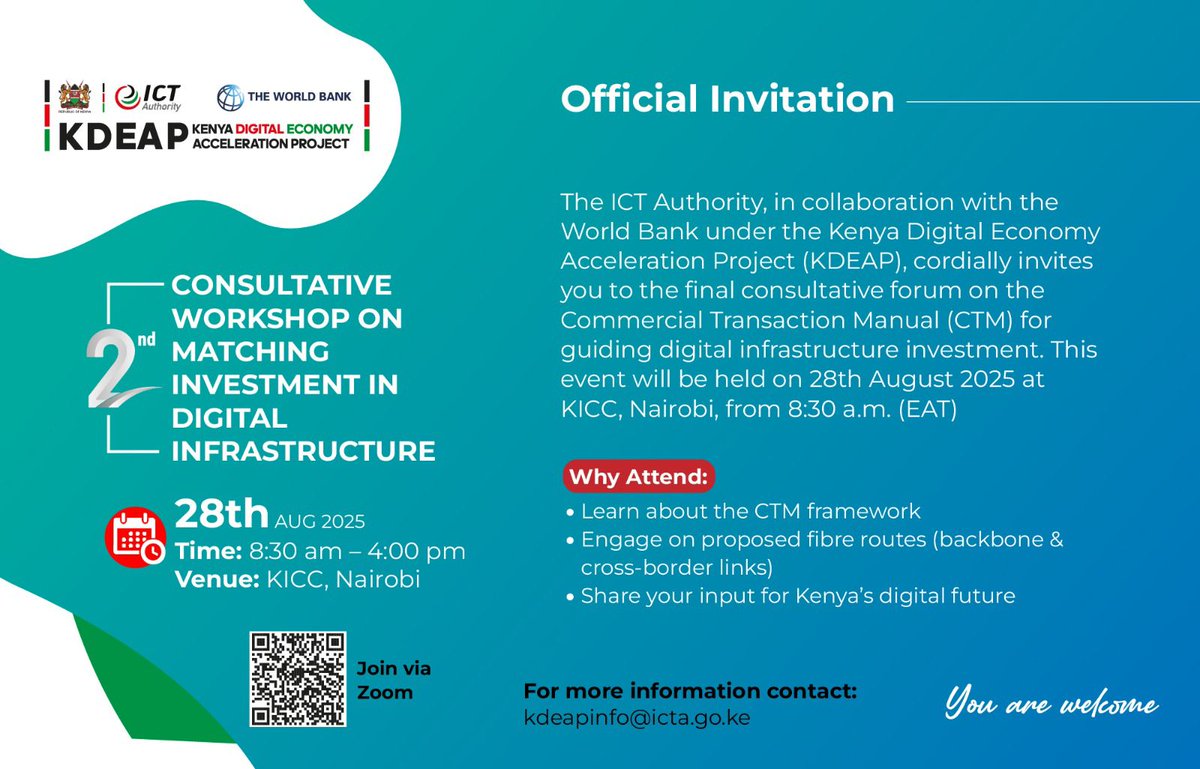 Join us on Aug 28 @ KICC for the 2nd Consultative Workshop on Digital Infrastructure Investment! Engage with #ICTAuthorityKE &amp; World Bank on Kenya's digital future, fibre routes &amp; more! Virtual option available. 
 
#KDEAP #DigitalKE
#ICTAuthorityKE