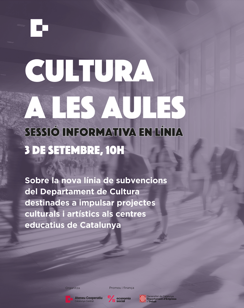 T'interessa impulsar projectes culturals i artístics als centres educatius?

Inscriu-te a aquesta sessió informativa organitzada des del #cerclecultura de l'Ateneu!

🗓️ Dimecres 3 de setembre a les 10h
💻 En línia
👉serveis.coopcatcentral.cat/program/cultur…