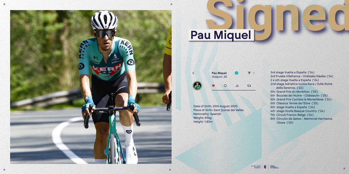 BHRVictorious's tweet photo. 📣 Team Bahrain Victorious is pleased to announce the signing of Spanish rider Pau Miquel @pamide_00 on a two-year contract for the 2026 and 2027 seasons.

#RideAsOne 

🔗 https://t.co/pjeXAh5lZm https://t.co/6swXQs9oEo