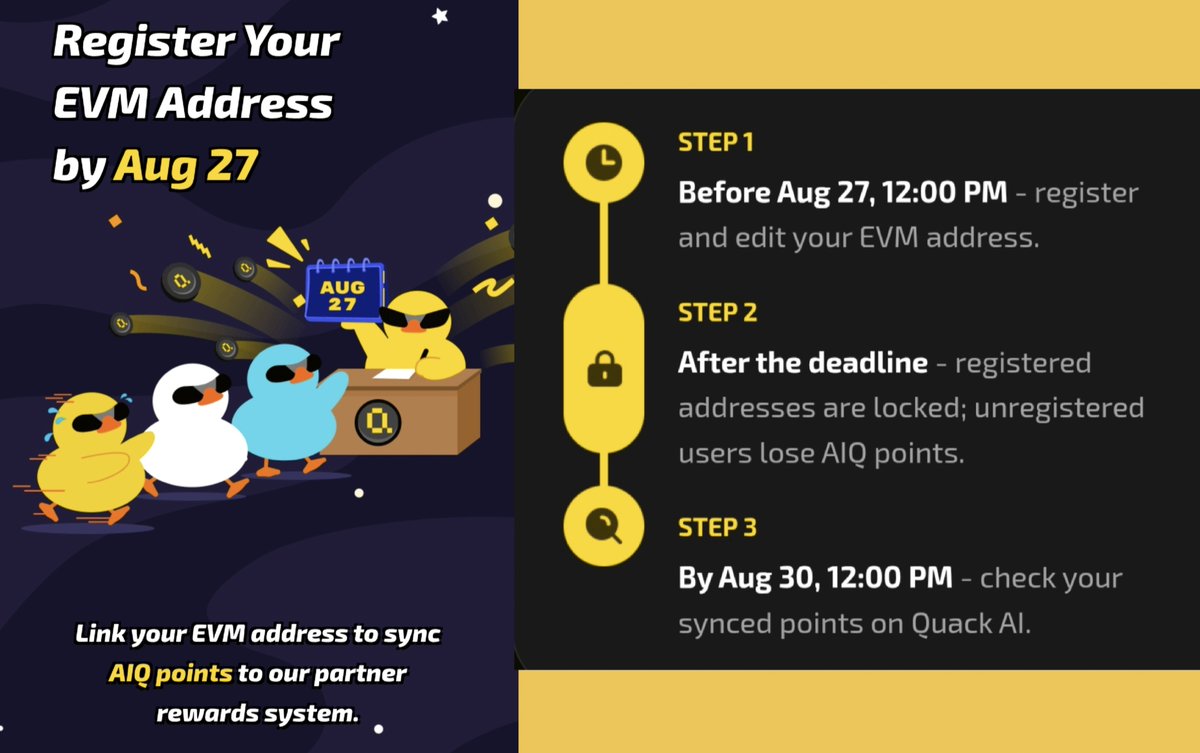 ne55st's tweet photo. 3 hours left! Hello quackers! If you are also collecting $AIQ points on the Duckchain Mini App Telegram, make sure to register your wallet address before it closes. It is recommended to use the wallet address you use to log in to the QuackAI @QuackAI_AI  Web App.

#QuackAI #AIQ #Web3 #Duckchain