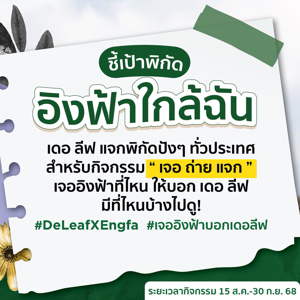 📢ไปร่วมกิจกรรมกับทางแบรนด์กันเยอะนะคะ
👇👇👇👇👇👇
แวะมาชี้พิกัดจุดร่วมสนุกแบบชัดๆ กับกิจกรรมเดอ ลีฟ เจอ ถ่าย แจก เจออิงฟ้าที่ไหนอย่าปล่อยผ่าน กับกติกาง่ายๆ ลุ้นของรางวัลมากมายกับเดอ ลีฟ ไปเลย 🥰 อย่าลืมรูปสินค้าคู่กับร้าน และใส่แฮชแท็ก #DeLeafxEngfa #เจออิงฟ้าบอกเดอลีฟ