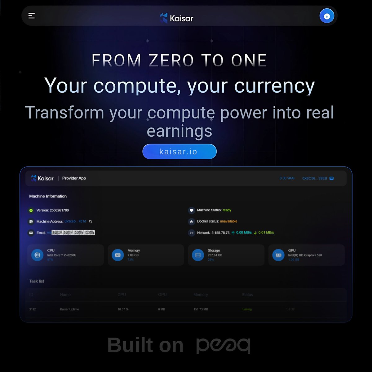 MB14H0110's tweet photo. Recently, I joined @KaisarNetwork, and honestly, it feels like stepping into the future of decentralized computing.

I’ve been exploring DePIN projects for a while now, and what makes Kaisar stand out to me is how it transforms everyday devices into powerful contributors to the AI revolution.
Instead of relying on centralized cloud providers, Kaisar unites global GPU and CPU resources into one universal AI compute layer - built on @peaq. That means anyone, anywhere, can put their devices to work and start earning.

What I love most is how easy it is to get started. With #ZeroNode, a simple Chrome extension, I can already contribute and start earning rewards based on uptime.

And I love how transparent the reward system is - up to 300 points daily just for being online. And if you’re holding a Kaisar NFT, your rewards literally double!
THAT’S GREAT RIGHT?

Then there’s the OneNode provider app, available on MacOS, Windows, and Linux, where anyone can contribute real compute power and earn tokens like $KAI and $PEAQ.

With KaisarNetwork, it’s not just about decentralization, it’s about creating real value and opportunities for everyday people while pushing the boundaries of AI infrastructure.

Excited to be part of this journey 🔥
If you haven’t joined yet, hop in through this link:
https://t.co/M3eNDpfiDT

Don’t miss Zero Node:
https://t.co/agTbNMWk7i

But if you’re already ahead of me, share your experience so far, I’d love to read it in comments. 👇🏼