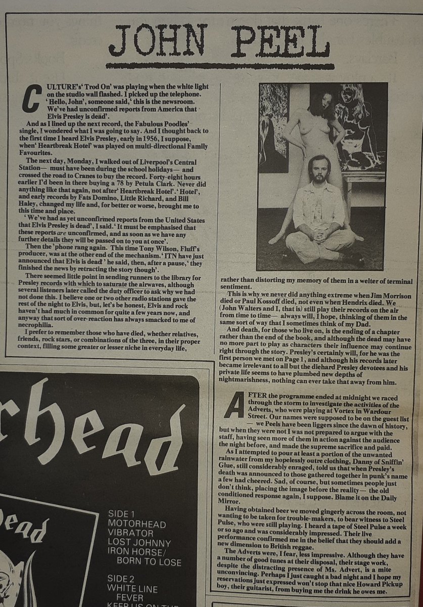 SoundsClips's tweet photo. The John Peel Column in Sounds 27th, August 1977 including news of the death of Elvis Presley and The Adverts.
@johnpeel3904
@johnpeelarchive https://t.co/9MdPaNmvUt