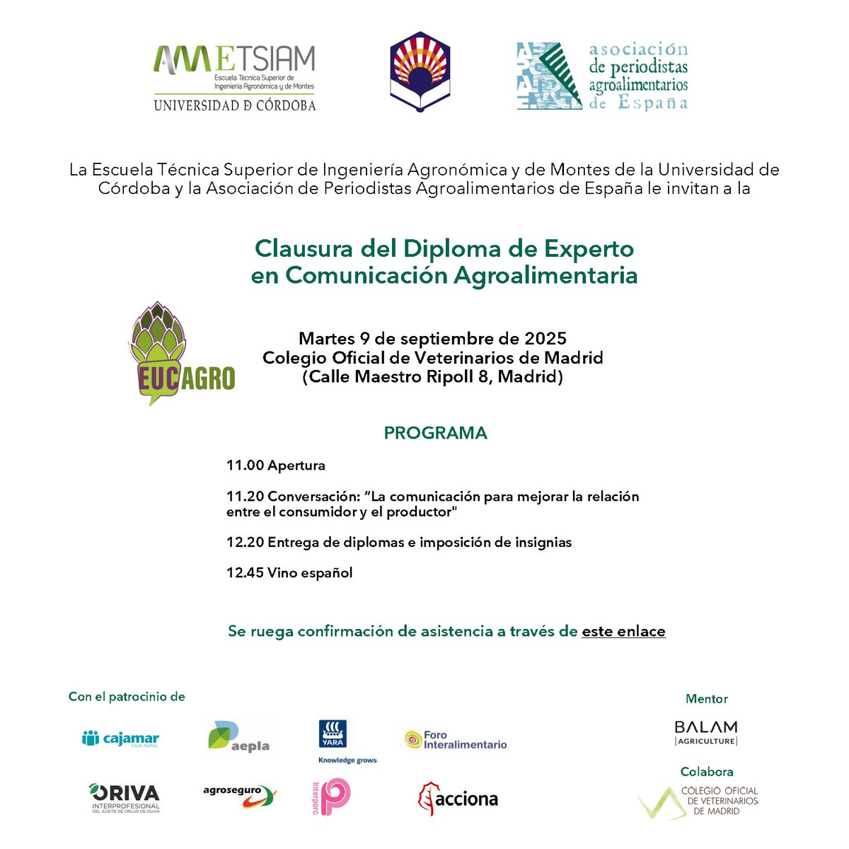 ¡Reserva la fecha!

Clausura VII edición Diploma #EUCAgro

🗓️ 9 de septiembre
🕚 11.00h
📍 <a href="/COLVEMA/">Colegio Oficial de Veterinarios de Madrid</a> 

¿Nos acompañas?

forms.gle/dqwP9qN9j1gcCS…