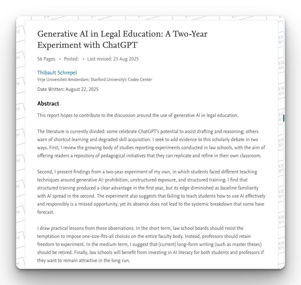 I just released a report: 𝗚𝗲𝗻𝗲𝗿𝗮𝘁𝗶𝘃𝗲 𝗔𝗜 𝗶𝗻 𝗟𝗲𝗴𝗮𝗹 𝗘𝗱𝘂𝗰𝗮𝘁𝗶𝗼𝗻: 𝗔 𝗧𝘄𝗼-𝗬𝗲𝗮𝗿 𝗘𝘅𝗽𝗲𝗿𝗶𝗺𝗲𝗻𝘁 𝘄𝗶𝘁𝗵 𝗖𝗵𝗮𝘁𝗚𝗣𝗧.
➝ Part 1 surveys experiments run in law schools with ChatGPT and other LLMs. Feel free to browse, replicate, or ignore.
➝