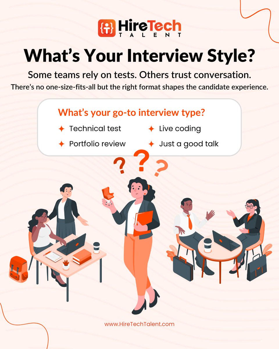 hiretechtalents's tweet image. Some teams test. Others talk.
There&apos;s no universal method — but the right format shapes the candidate experience.

💬 What’s your go-to interview style?
🔘 Test
🔘 Live coding
🔘 Portfolio review
🔘 Just a good talk

#TechInterviews #HiringTech #DevRecruitment
