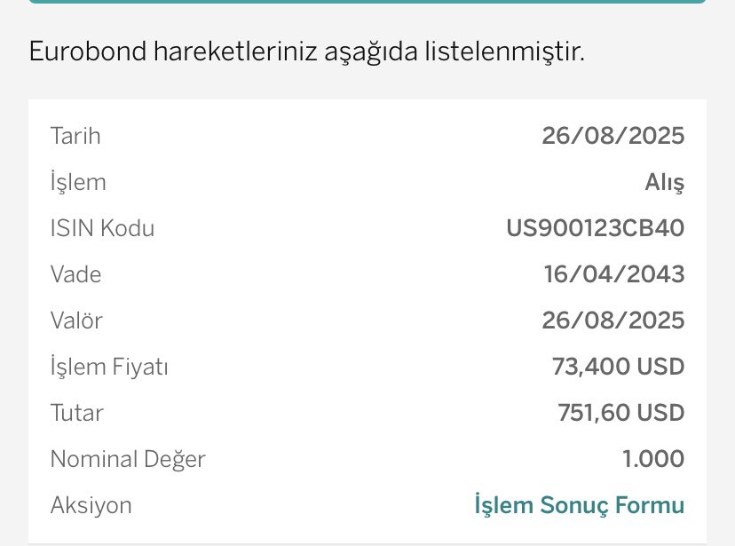 US900123CB40  kodlu 2043 vadeli olan ilk eurobondumu  751.60 dolar karşılığında satın aldım hayırlı olur umarım☺️ #eurobond #yatırım #temettü #altın #eft