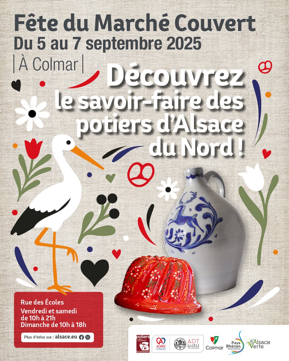 #IdéeSortie📆 Rendez-vous du 5 au 7 septembre à la fête du Marché Couvert de #Colmar 

Les #potiers d'Alsace du Nord seront présents pour vous faire découvrir leur savoir-faire !

👉 Plus d'infos :  alsace.eu/agenda/marche-…