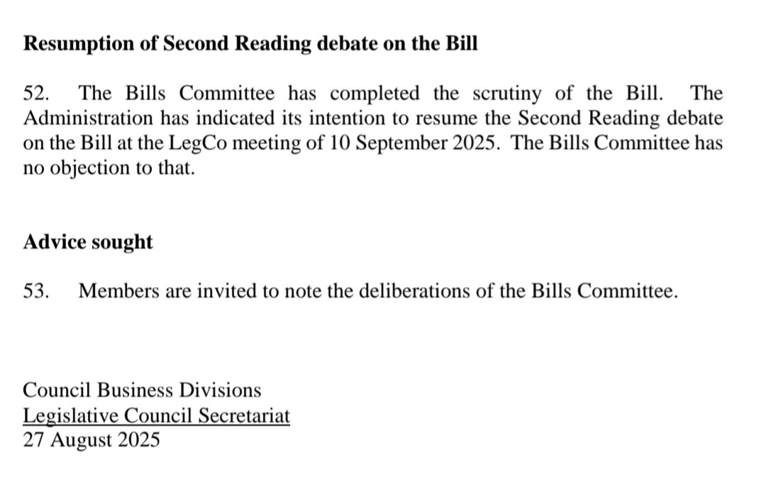 #JUSTIN: Hong Kong's legislature will resume second reading of the Registration of Same-sex Partnerships Bill on September 10, according to a new document from the bills committee.

The deadline imposed by the Court of Final Appeal is October 27.

Source: legco.gov.hk/yr2025/english…