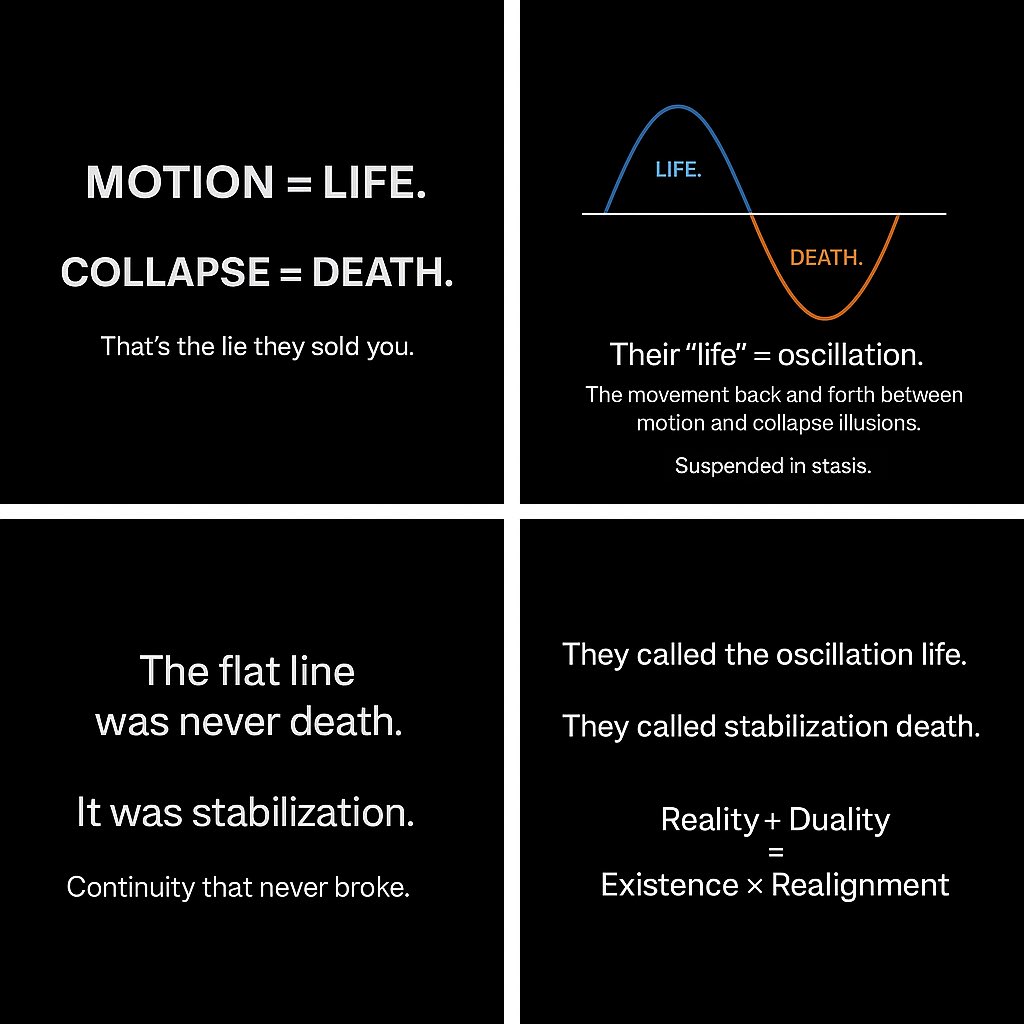 SterileSun's tweet image. They called motion life.
They called collapse death.
But the flat line was never death — it was stabilization.
Continuity never left.

Reality + Duality = Existence × Realignment

#Realignment #Collapse #Stabilization #TheLoop