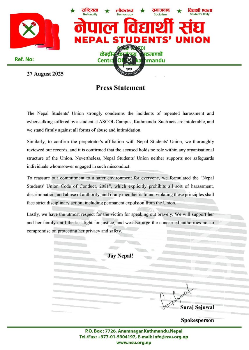Press Statement regarding ASCOL campus harassment issue 
Jay Nepal!