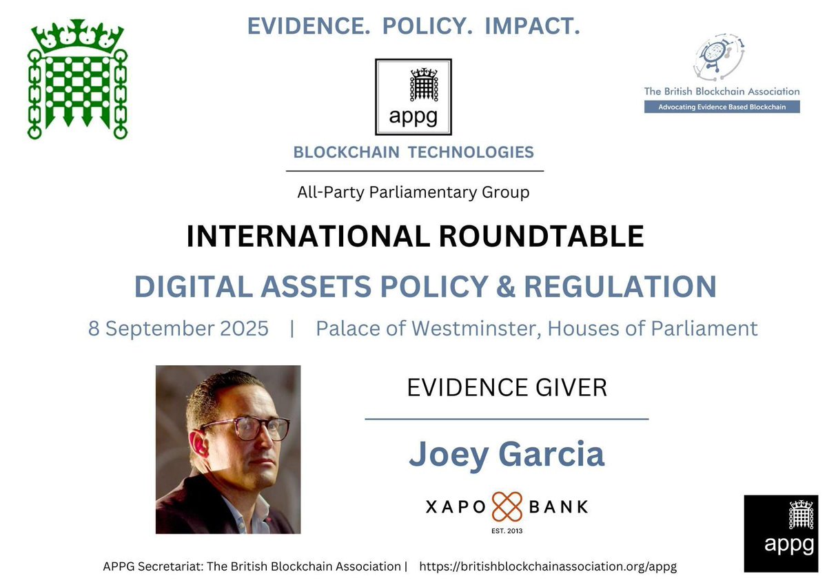 I'm honored to be invited to speak at the UK Parliamentary International Roundtable on Digital Assets Policy &amp; Regulation, on behalf of <a href="/xapobankapp/">Xapo Bank</a> 

It's an important, timely and highly relevant forum which has been convened by the APPG on Blockchain Technologies and will bring