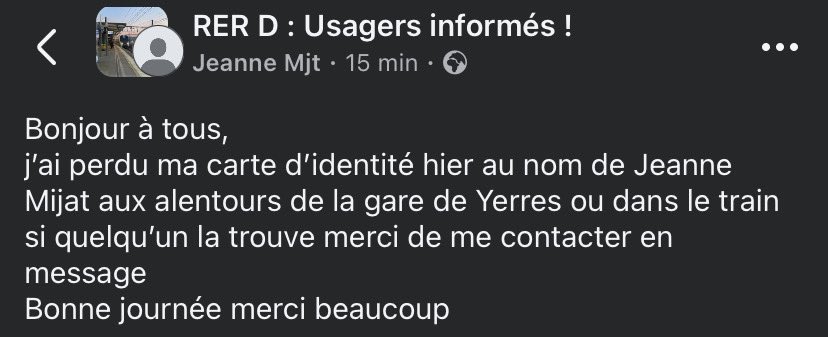 Bonjour Lucas <a href="/RERD_SNCF/">RER D</a> 🙂

Je me permets de vous partager ce message.
En espérant que la personne puisse retrouver sa carte d’identité 🙏🏻

Bonne journée à vous et à l’ensemble des voyageurs de la ligne D 😊.