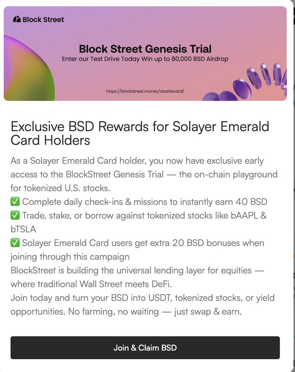 Kot4815162342's tweet image. again bonuses for Emerald Card Solayer holders
blockstreet.money/dashboard?invi… #BSDchallenge #BSDairdrop #AAPL #TSLA #MSFT #NVDA #CRCL #COIN #MSTR #BSD via @BlockSt_HQ