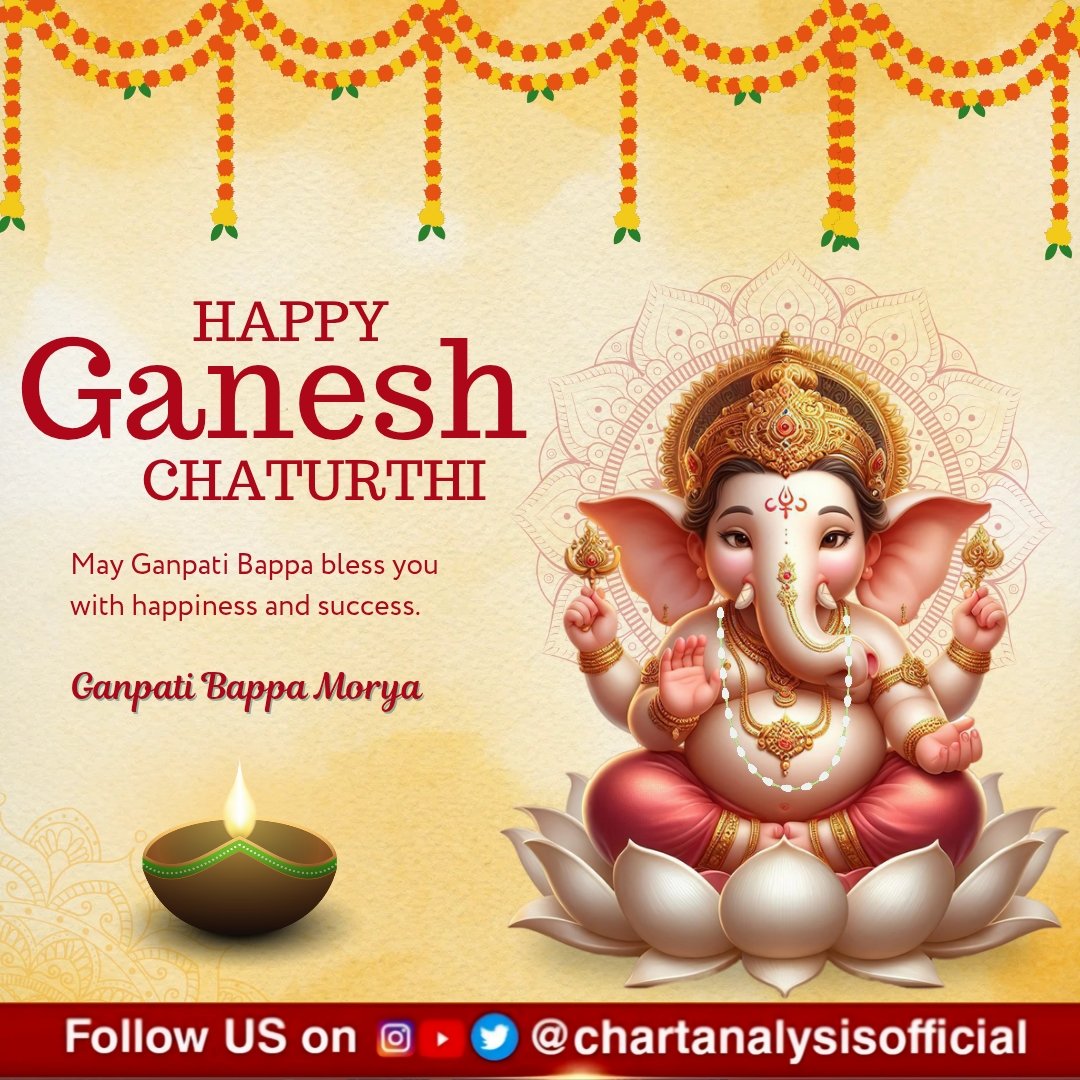 ChartAnalysis01's tweet photo. Ganesh Chaturthi & Money Lessons from Bappa

1️⃣ Small steps create big journeys – Just like Ganesha’s little mouse carries him with devotion, small but regular investments can carry you towards wealth. Even tiny savings grow big with time.

2️⃣ Think before you act – His big head reminds us to use wisdom. Always research and understand before investing your money. Smart choices build strong futures.

3️⃣ Patience brings rewards – Ganesha’s long trunk teaches us to stay calm and wait. Wealth doesn’t grow overnight—long-term investing and compounding are the real magic.

4️⃣ Balance everything – With four arms, Bappa shows us balance. Never put all your money in one place. Diversify and protect your wealth.

5️⃣ Stay calm in tough times – His peaceful smile reminds us not to panic when markets fall. Ups and downs are temporary, but consistency always wins.

✨ Just like Lord Ganesha removes obstacles, following his wisdom in finances can remove money worries and guide us towards prosperity.

🙏 Wishing you and your family a Happy & Prosperous Ganesh Chaturthi! 💐
