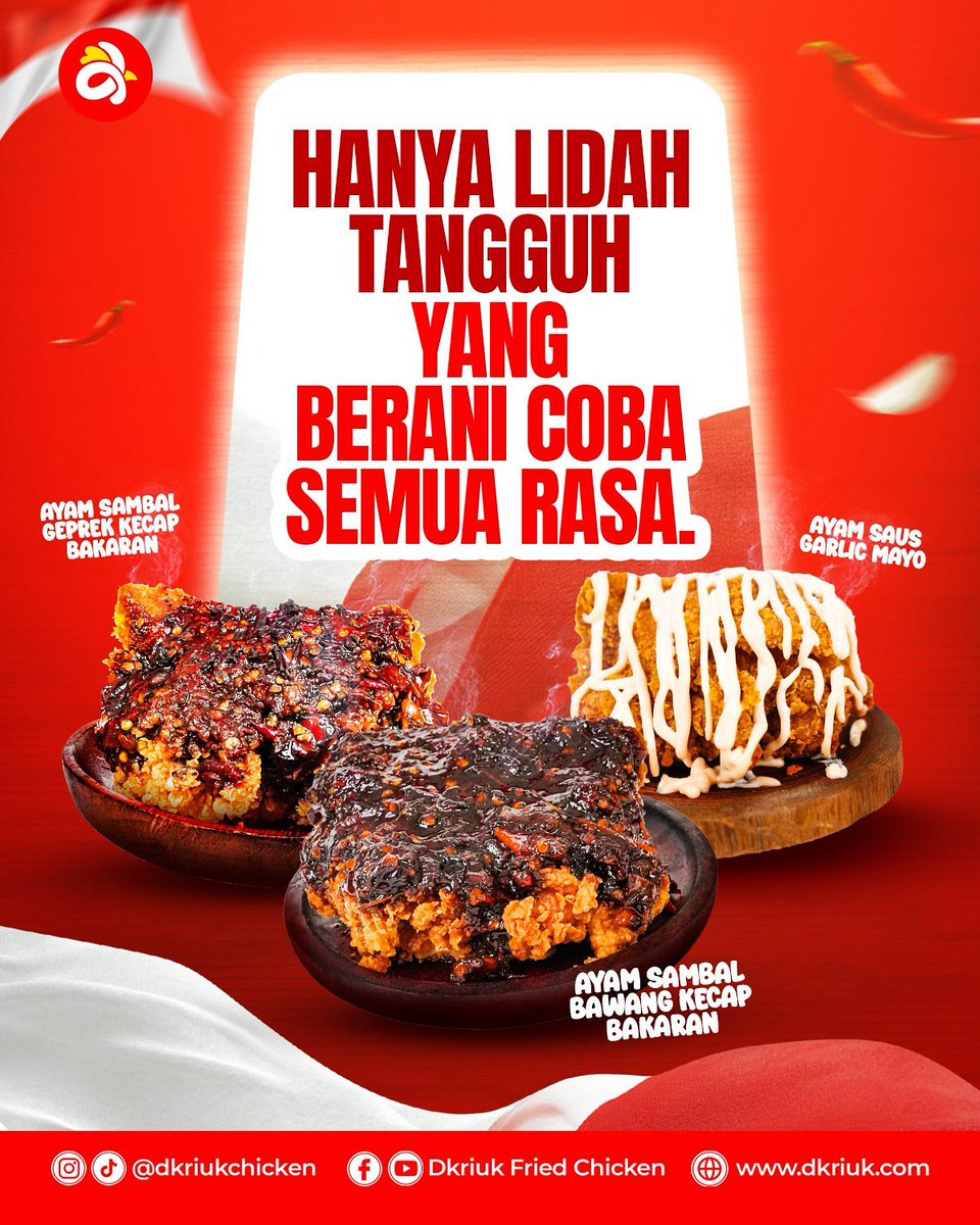 dkriukchickenID's tweet image. Lagi mau makan pedas apa hari ini? 😋

Sambal Bawang Kecap Bakaran, Sambal Dkribo, dan Sambal Geprek Kecap Bakaran.

Pilih sambal favoritmu, dan nikmati pedasnya semangat merdeka!

#DkriukFriedChicken #AyamKriukYaDkriuk #SambalPedas