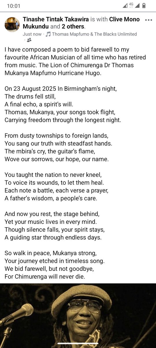 I have composed a poem to bid farewell to my favourite African Musician of all time who has retired from music. The Lion of Chimurenga Dr Thomas Mukanya Mapfumo Hurricane Hugo.