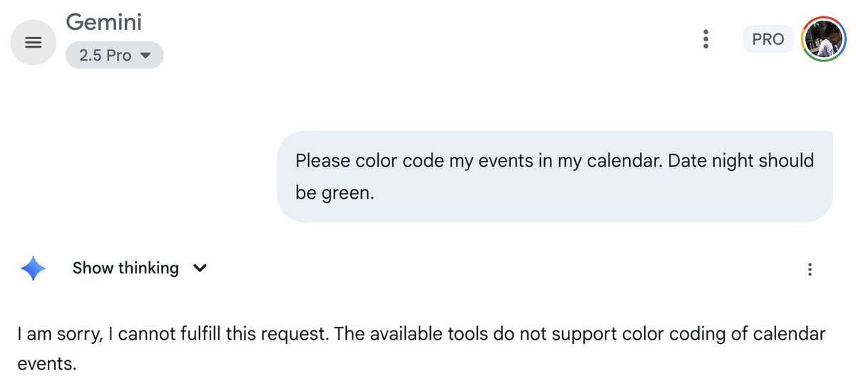When this works in Gemini, Gemini will have won. Until then, cute consumer app.

<a href="/Google/">Google</a> this is all within reach - you have the data, the consent, the APIs. 

This is an example of how much the tooling has to mature - tools are still in their infancy. Imagine when they mature.