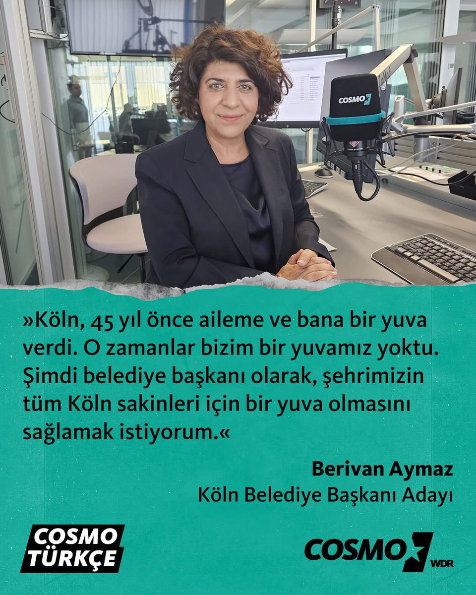 1978 yılında ailesiyle Bingöl'den Köln'e gelen Berivan Aymaz, 14 Eylül’de yapılacak yerel seçimlerde Köln belediye başkanlığına aday oldu. <a href="/berivan_aymaz/">Berîvan Aymaz</a> <a href="/erenmahirgencer/">Eren Mahir Gençer</a> 
Özel röportaj bu linkte: 

ardaudiothek.de/episode/urn:ar…