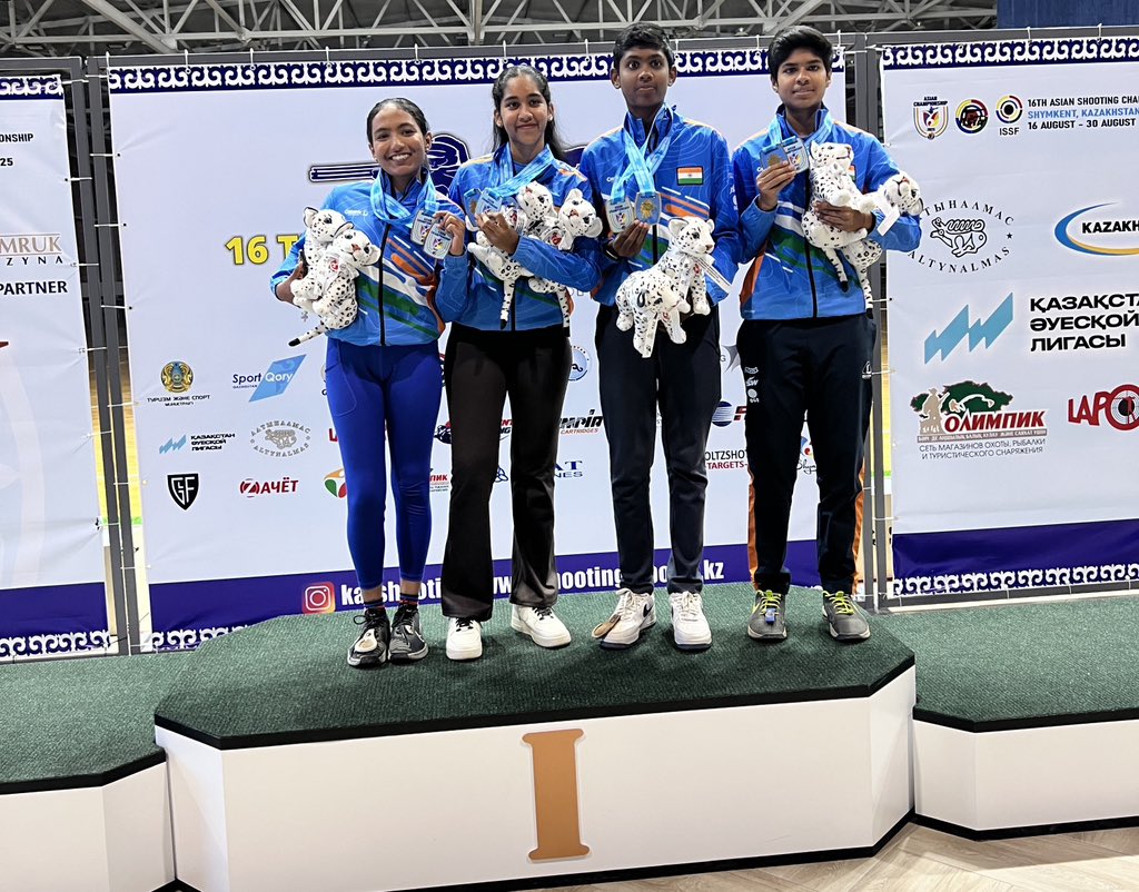 trsmuthu's tweet photo. Proud moment! ❤️ Our son SM Yugan, 14, made history at the 16th Asian Shooting Championships 🇮🇳🔥 Winning 🥇Trap Youth Men (Individual &amp; Team) + 🥇Mixed Pair against 800 shooters from 27 nations. This is just the beginning! 🙏 #ProudParents @sm_yugan @Udhaystalin @OfficialNRAI https://t.co/eZqXZo6BbU