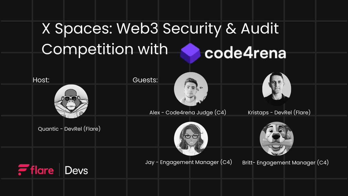 FlareDevHub's tweet image. We're excited to share that tomorrow we'll be hosting a space with @code4rena to discuss Web3 security, competitive audits, and FAssets.
Set your reminder here 👇
x.com/i/spaces/1vOGw…
Hosted by @0xQuantic, with participation from @itsmetechjay, @brittfactorC4, @alex0ppg, and…