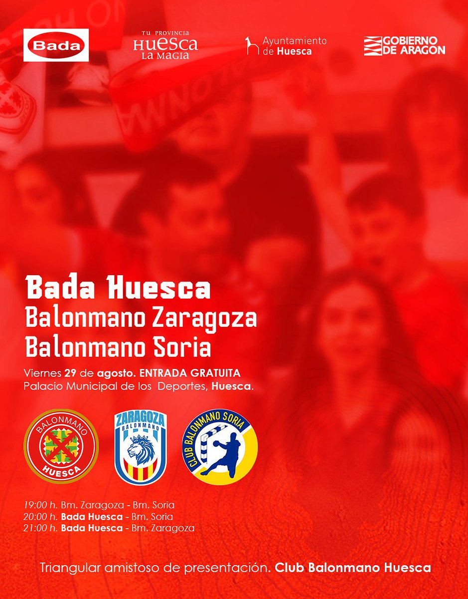 🔺𝗣𝗥𝗘𝗦𝗘𝗡𝗧𝗔𝗖𝗜𝗢́𝗡 𝗗𝗘𝗟 𝗘𝗤𝗨𝗜𝗣𝗢 𝗘𝗡 𝗘𝗟 𝗣𝗔𝗟𝗔𝗖𝗜𝗢🔺

Este viernes, ¡No hagas planes‼️

• 19:00h. BM Zaragoza 🆚 BM Soria
• 20:00h. BADA HUESCA 🆚 BM Soria
• 21:00h. BADA HUESCA 🆚 BM Zaragoza

🎟️ 𝘌𝘯𝘵𝘳𝘢𝘥𝘢 𝘨𝘳𝘢𝘵𝘶𝘪𝘵𝘢.
 
 #VenVolveras