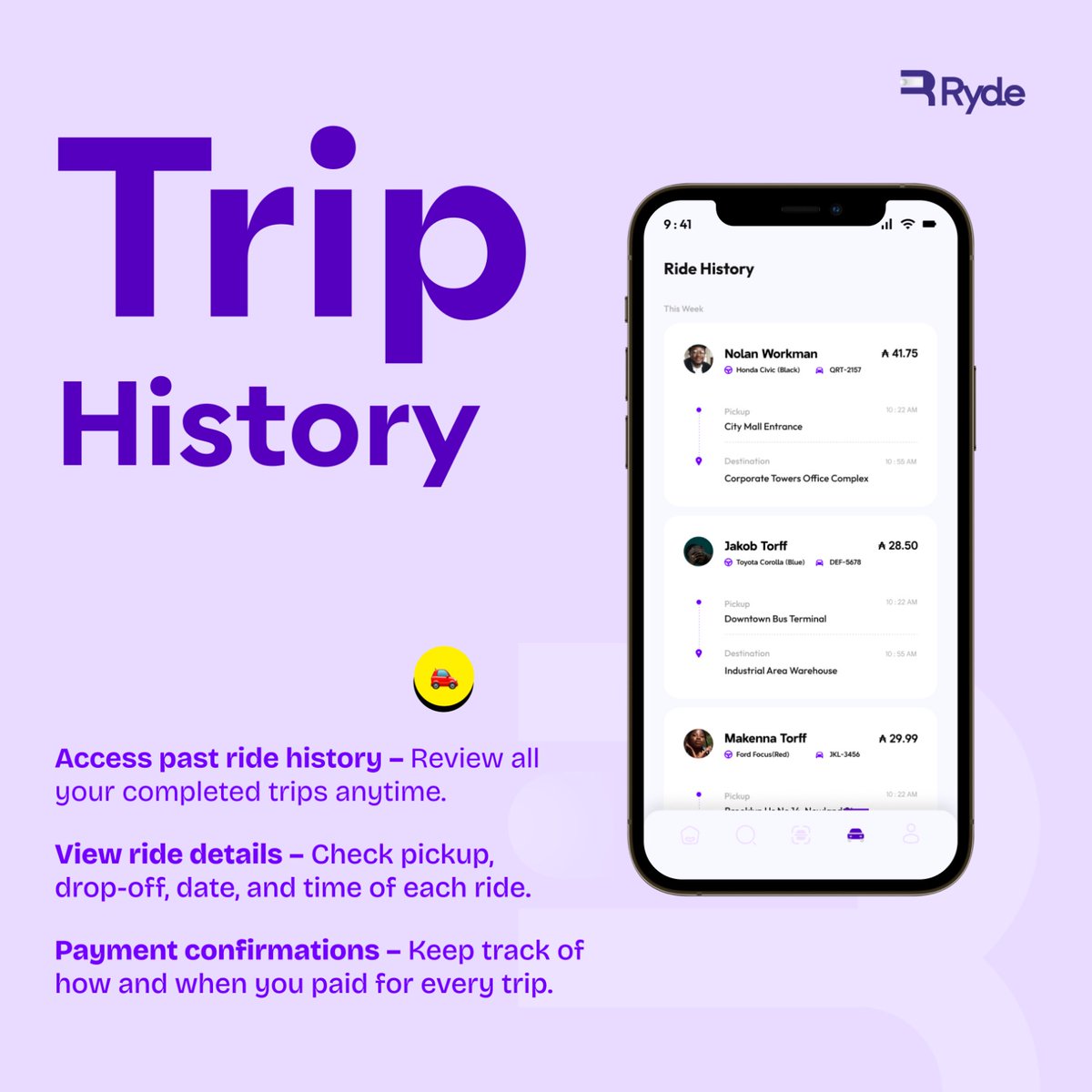 📱 Next up in our app features series: Trip History!
Review all your completed rides anytime, check pickup &amp; drop-off details, and keep track of every payment. 
All in one place. 💜

#DriveWithRyde #FYP #ExplorePage #ViralNow #Trending #Blockchain #TripHistory  #RydeAppFeatures