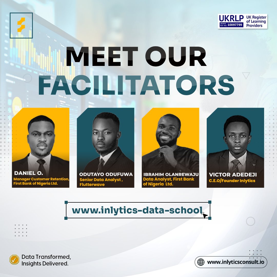 inlyticsconsult's tweet photo. Meet our A-Star Facilitators ✨

👏🏾 Ibrahim Olanrewaju Ojeniran (First Bank Nigeria Limited)
👏🏾 Odutayo Odufuwa (Flutterwave)
👏🏾 Daniel Oviaesu (First Bank of Nigeria Limited)
👏🏾 Adedeji Victor (Inlytics Data School)

Our Data scool trainees have a lot to gain from our newly launched school.

You can still register to get 10% off the fee👀

Learn with Inlytics. https://t.co/JWKSxO1Qfz

#InlyticsDataSchool
#DataAnalytics
#DataTraining
#LearnWithInlytics
#FutureOfWork #DataDriven #AnalyticsCareer #TechInAfrica #DigitalSkills #DataProfessionals #PowerBI #SQL #Python #BusinessIntelligence